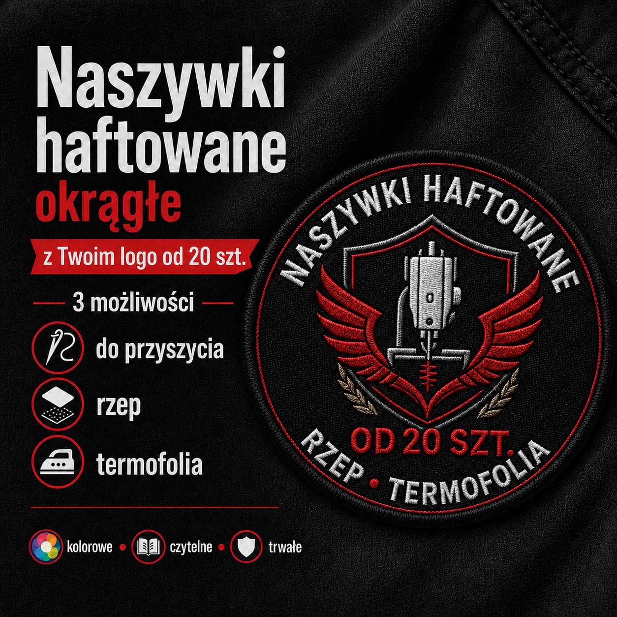 Okrągła naszywka haftowana z termoklejem do naprasowania